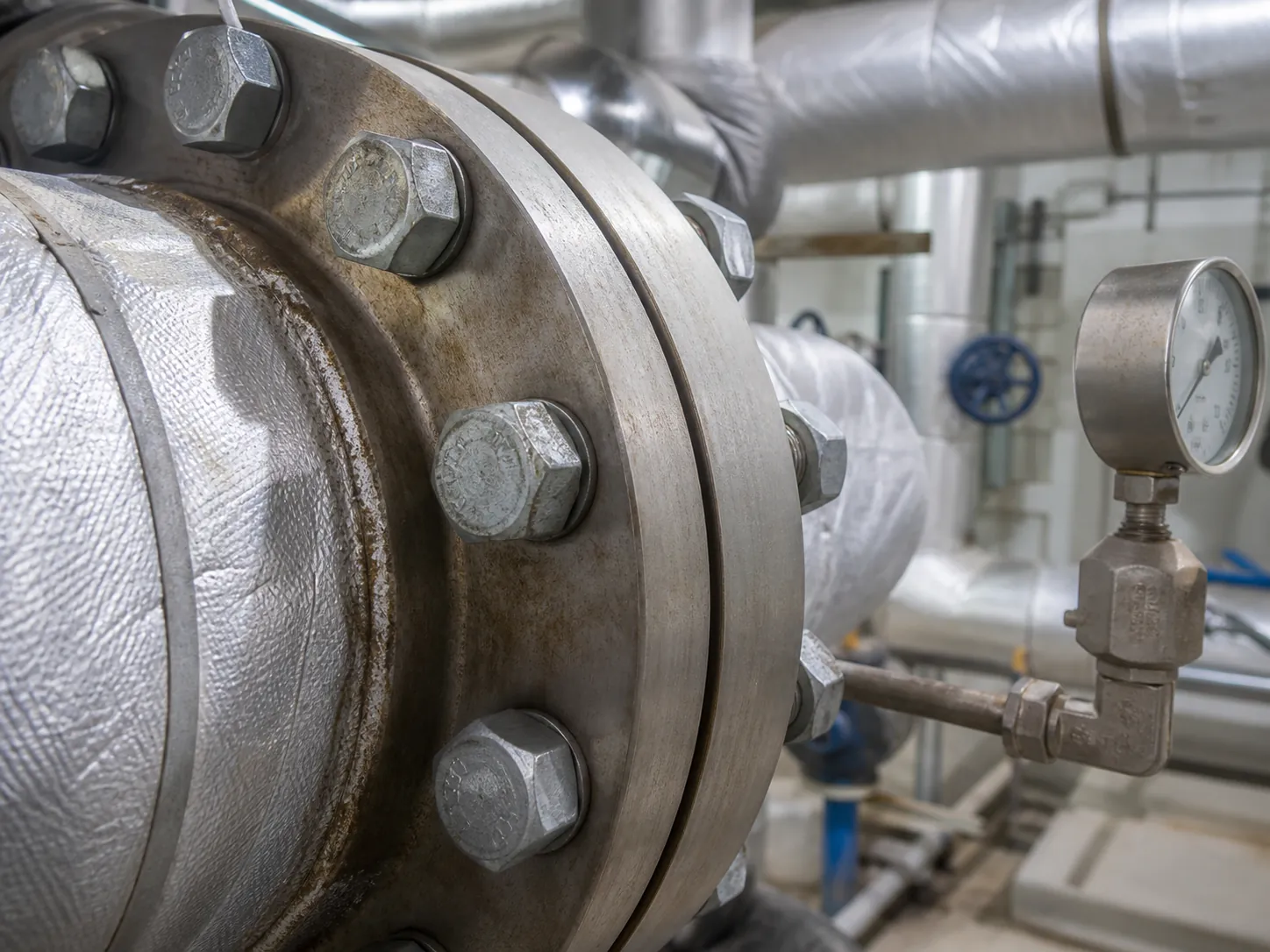 Bolt heads on a steam-pipe flange