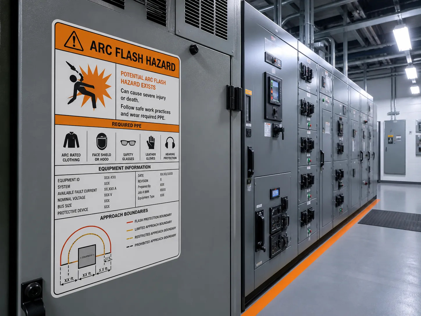 Arc-flash warning label on electrical switchgear