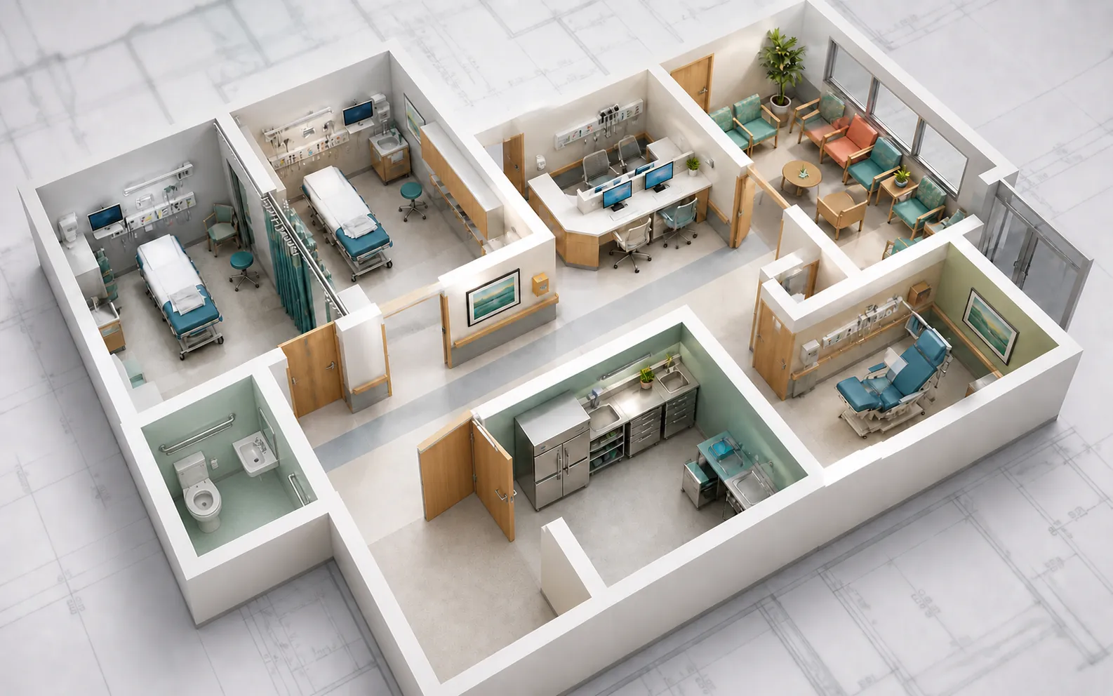 Conceptual overhead medical-center floor plan with furnished clinical rooms