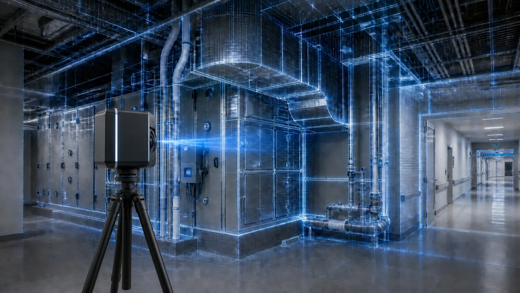 Conceptual LiDAR scan of hospital mechanical equipment and corridor