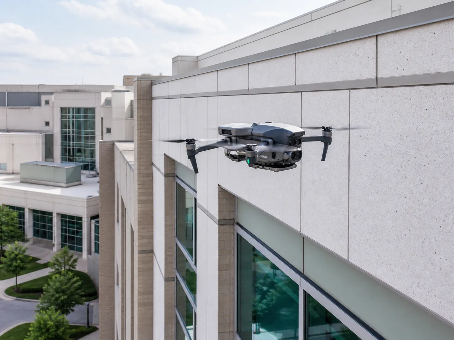 Drone inspecting an institutional building facade